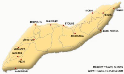 Ikaria map - Travel to Ikaria -  The Aegean island of Ikaria, Greece complete guide with information on IKARIA, THERMA, AG. KIRIKOS, ARMENISTIS, EVDILOS, 